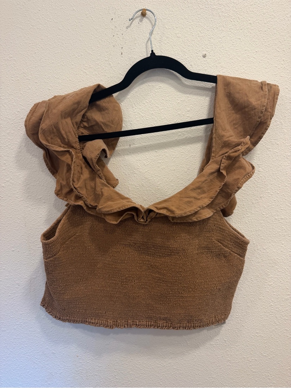 Maeve Ruffle-Shoulder Knit Crop Top - Brown